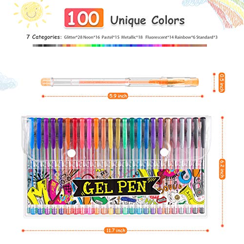100 Pcs Coloring Gel Pens for Adult Coloring Books with Glitter Neon  Metallic